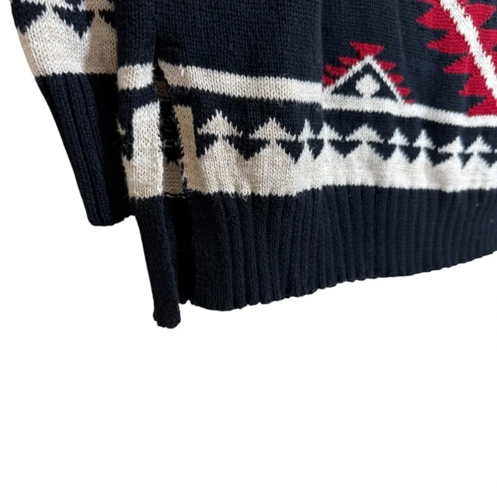 Lauren Ralph Lauren Navy and Red Aztec Print Cotton Long-Line Sweater Size L